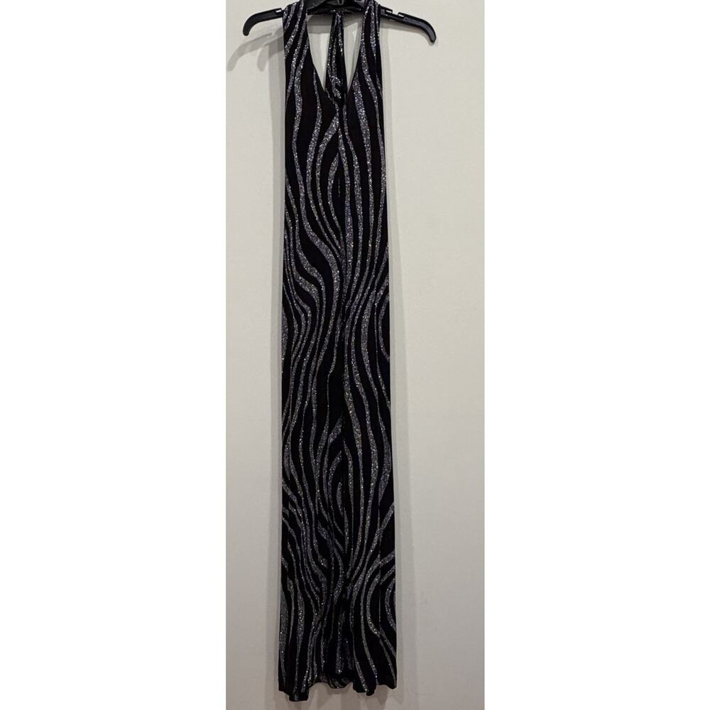 Vintage Black Glitter Swirl Sexy Slinky CocktailParty V Neck Halter Dress Size 4
